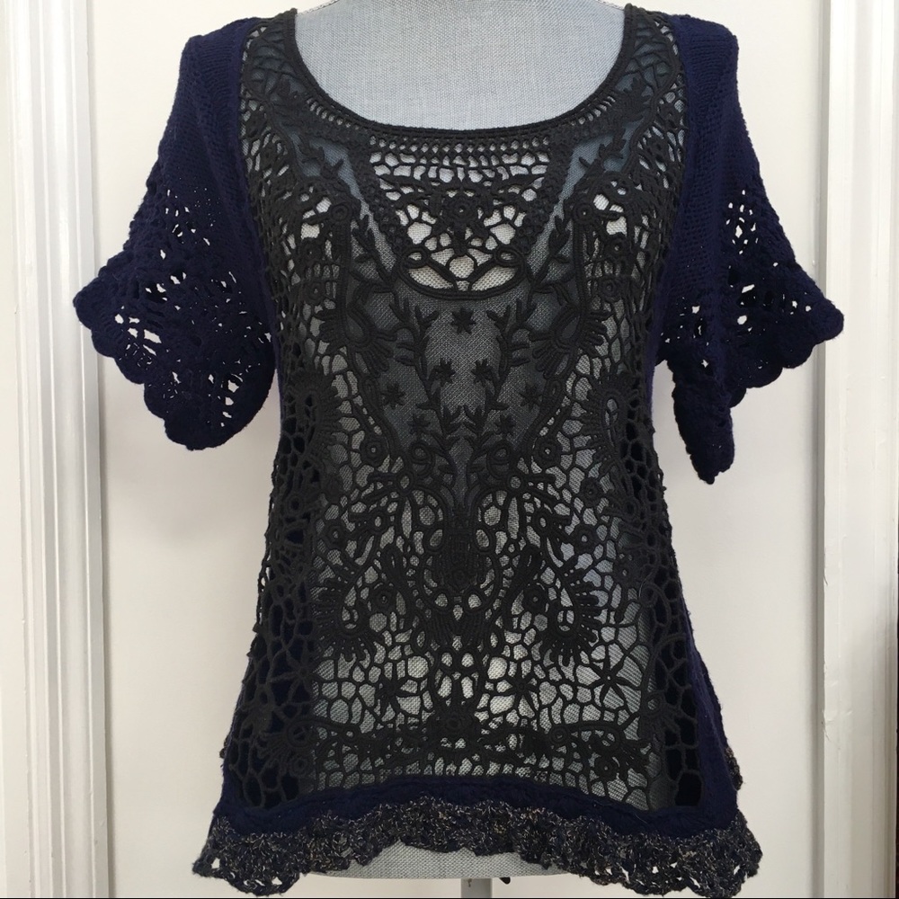 Free People crochet and lace short sleeve sweater